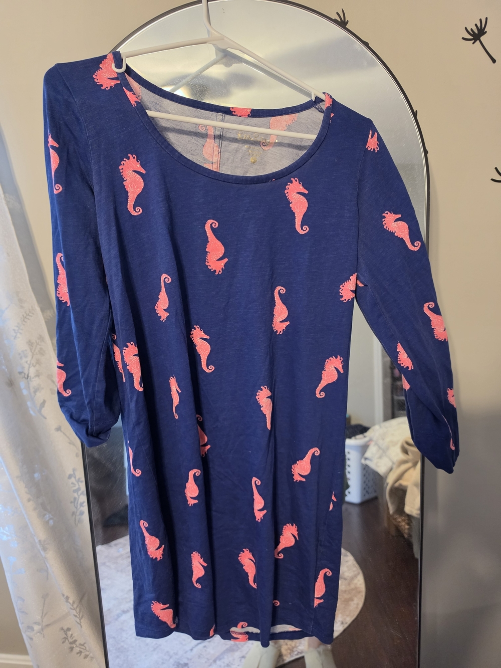Lilly Pulitzer Navy Coral Pink Seahorse 3/4 Sleeve Dress Size Small